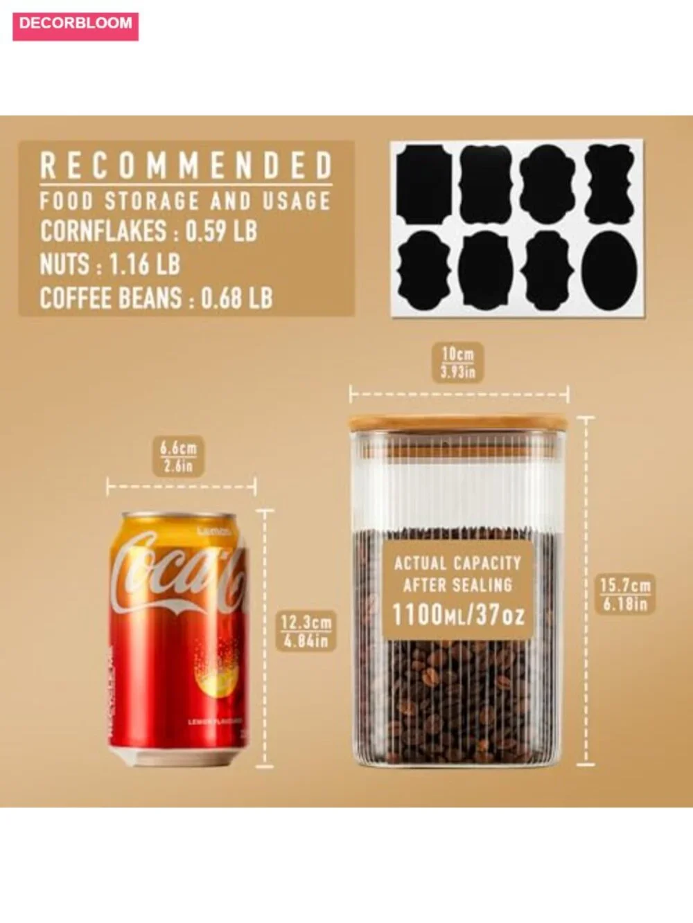 4pk Airtight Glass Square Storage Canisters with Bamboo Lids Striped Stackable